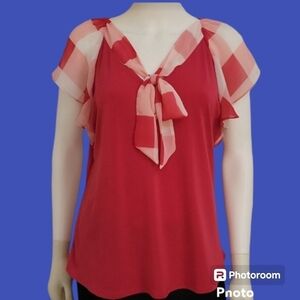 7TH AVENUE Barbie Pink Check Chiffon Bow Flutter Sleeve Blouse Medium